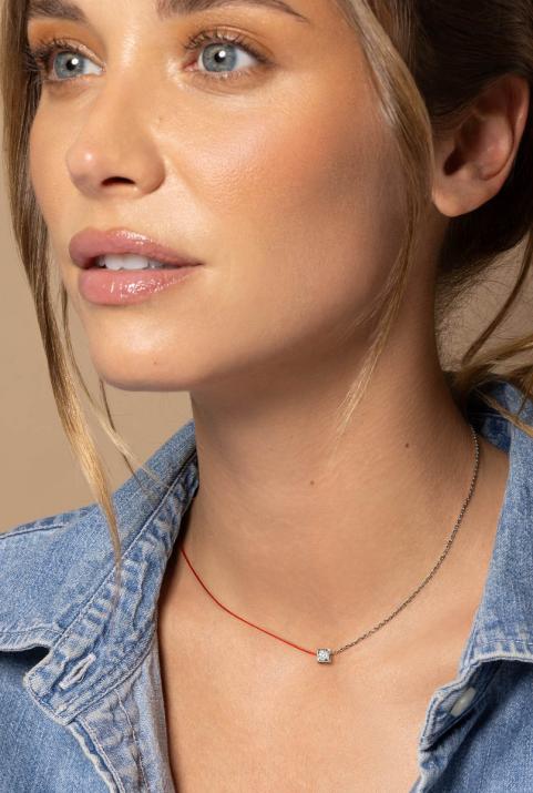 String and chain necklace with 0.1ct diamond in black gold square bezel setting - Redline - 0++