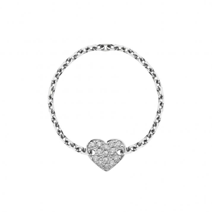 White gold chain ring with diamond-paved heart - Redline - 0++