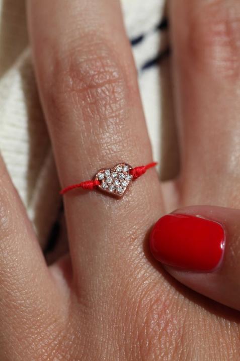 Diamond-paved heart string ring in rose gold - Redline - 0++