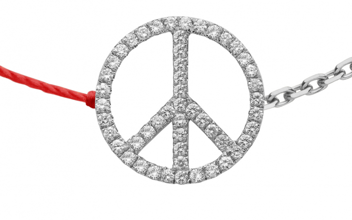 Diamond-paved peace & love string and chain bracelet in white gold - Redline - 0++