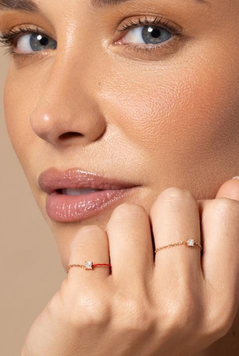 Chain ring with 0.11ct princess cut diamond in rose gold prong setting - Redline - 0++