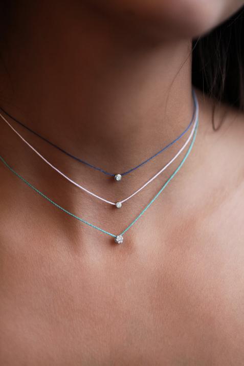 String Necklace For Women with 0.10ct Round Diamond in White Gold Cluster Setting - Redline - 0++