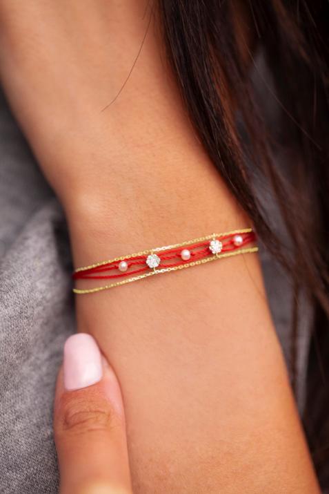 Multistring Bracelet For Women with 0.10ct Round Diamond in Yellow Gold Cluster Setting - Redline - 0++
