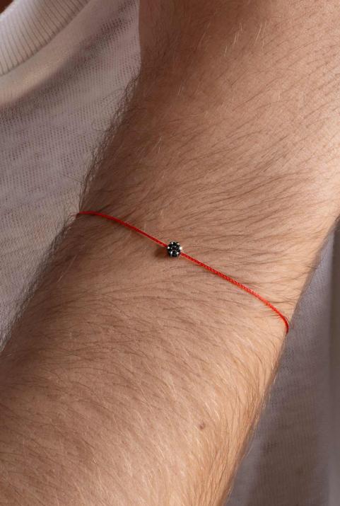 String Bracelet For Men with 0.05ct Round Black Diamond in Black Gold Cluster Setting - Redline - 0++