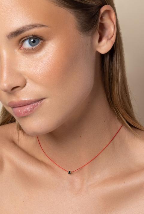 String Necklace For Women with 0.05ct Round Black Diamond in Rose Gold Cluster Setting - Redline - 0++