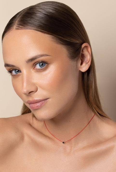 String Necklace For Women with 0.05ct Round Black Diamond in Rose Gold Cluster Setting - Redline - 0++