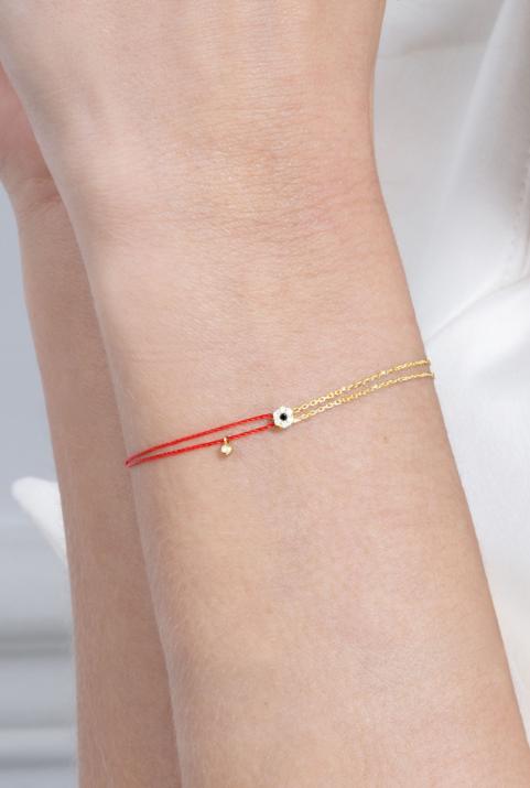 String and chain bracelet with white diamonds and a black diamond in yellow gold cluster style setting - Redline - 0++