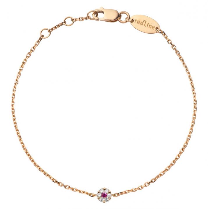 Chain bracelet with white diamonds and a pink sapphire in rose gold cluster style setting - Redline