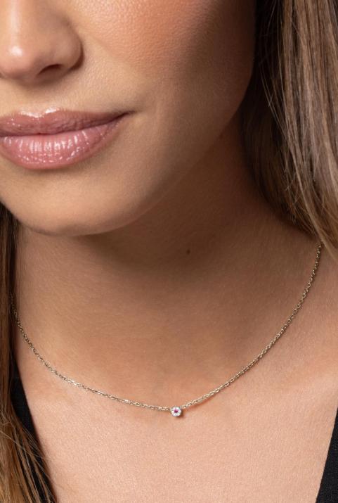 Chain necklace with white diamonds and a pink sapphire in white gold cluster style setting - Redline - 0++