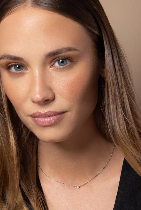 Chain necklace with white diamonds and a pink sapphire in white gold cluster style setting - Redline - 0++