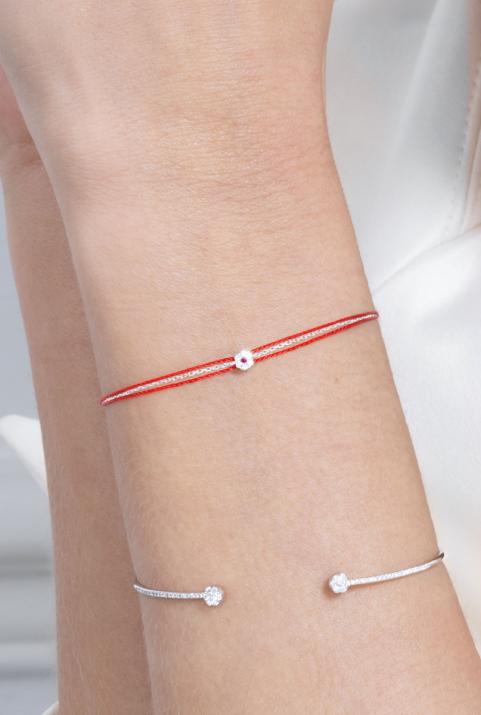 String Bracelet For Women with 0.05ct Round Diamond and Rose Sapphire in White Gold Cluster Setting - Redline - 0++