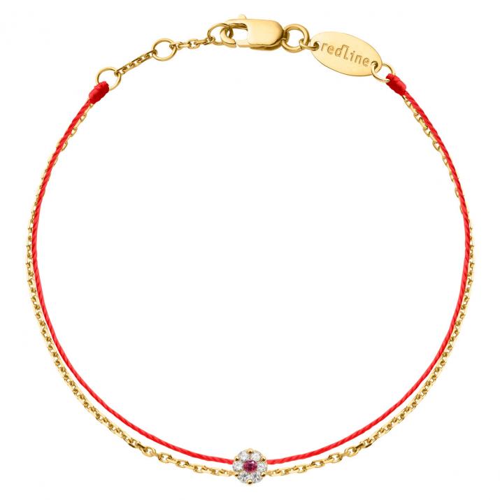 String and chain bracelet with white diamonds and a pink sapphire in yellow gold cluster style setting - Redline - 0++