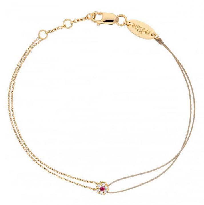 String and chain bracelet with white diamonds and a pink sapphire in yellow gold cluster style setting - Redline - 0++