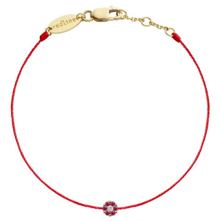 String bracelet with pink sapphires and a white diamond in yellow gold cluster style setting - Redline - 0++