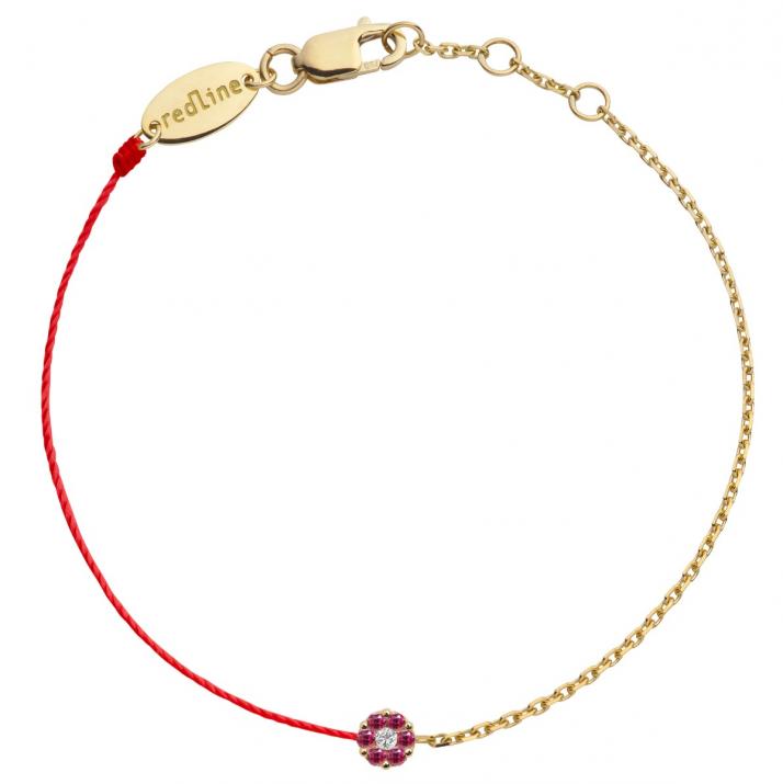 String and chain bracelet with pink sapphires and a white diamond in yellow gold cluster style setting - Redline