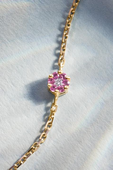 Chain Bracelet For Women with 0.01ct Round Diamond and Rose Sapphire in Yellow Gold Cluster Setting - Redline - 0++