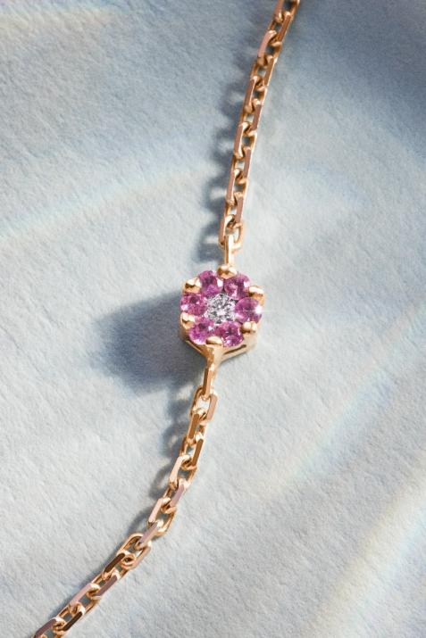Chain bracelet with pink sapphires and a white diamond in rose gold cluster style setting - Redline - 0++