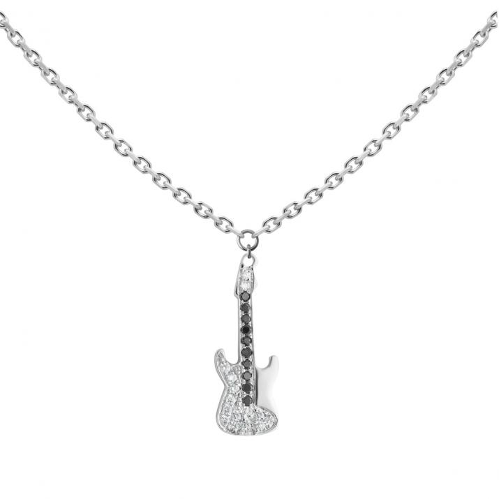 White gold chain necklace with black and white diamond-paved guitar - Redline
