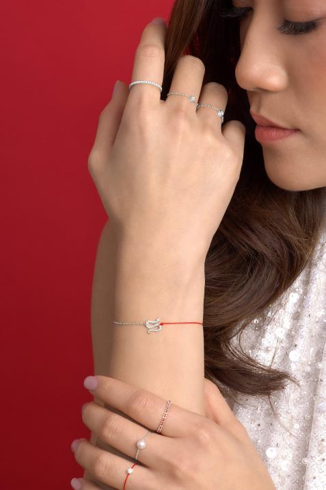 String and chain bracelet with diamond-paved snake in white gold - Redline - 0++