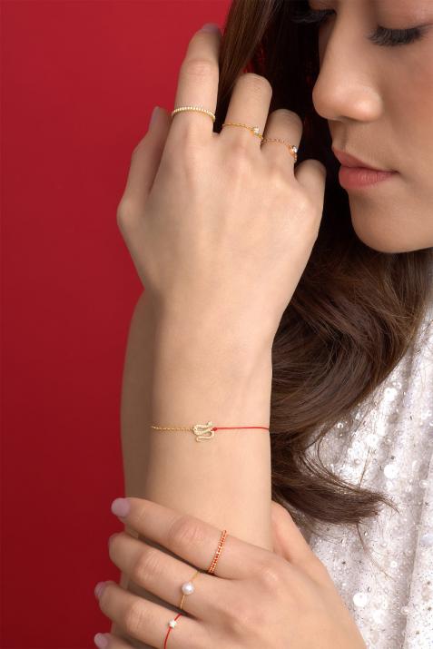 String and chain bracelet with diamond-paved snake in yellow gold - Redline - 0++