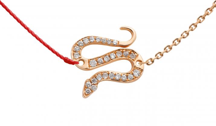String and chain necklace with diamond-paved snake in rose gold - Redline - 0++