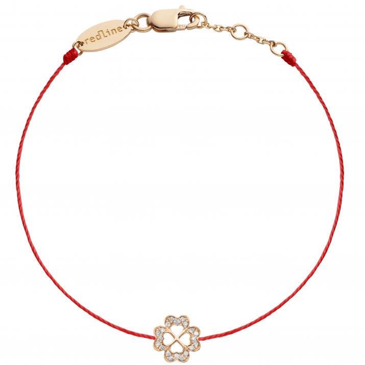 String bracelet with diamond-paved 4-leaf clover in rose gold - Redline