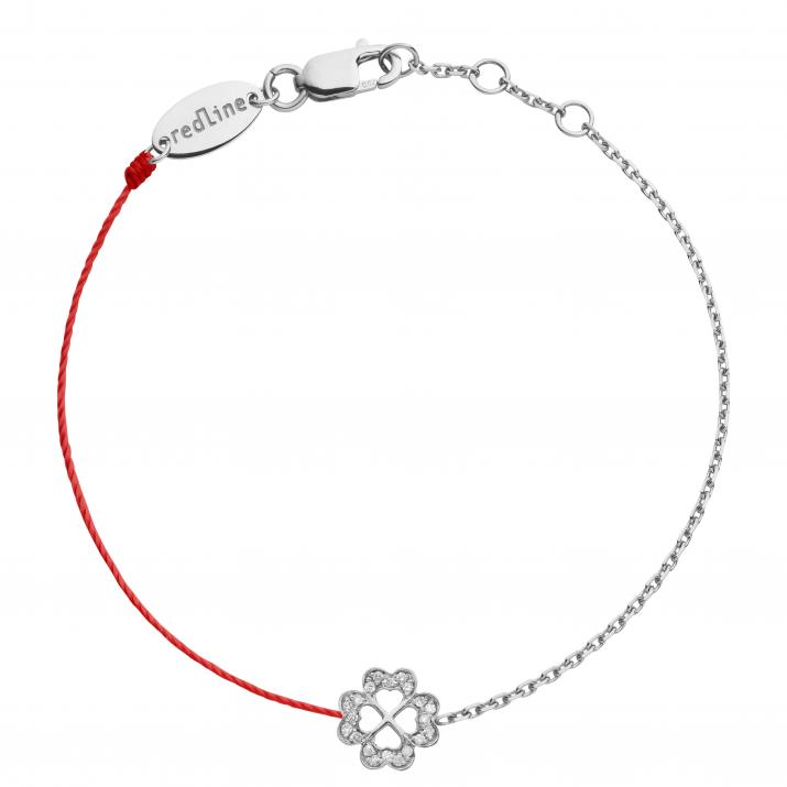 String and chain bracelet with diamond-paved 4-leaf clover in white gold - Redline