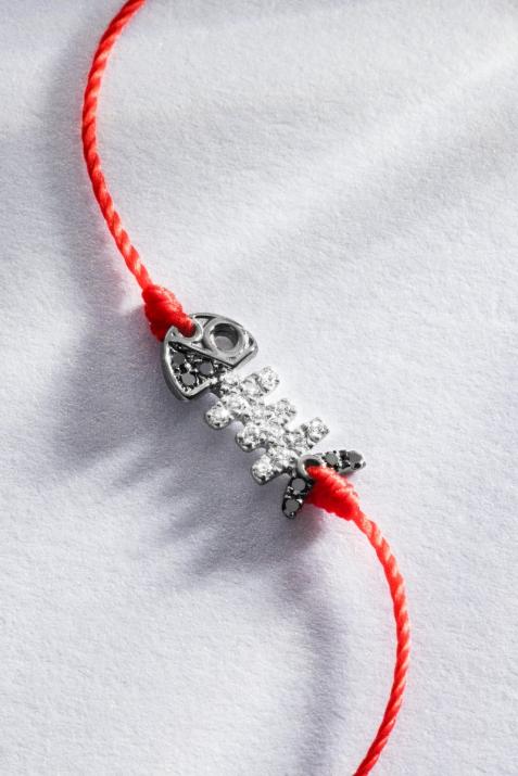 String bracelet with fish pave black and white diamonds in white gold - Redline - 0++