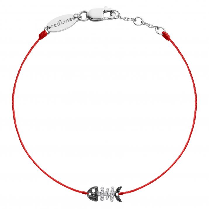 String bracelet with fish pave black and white diamonds in white gold - Redline - 0++