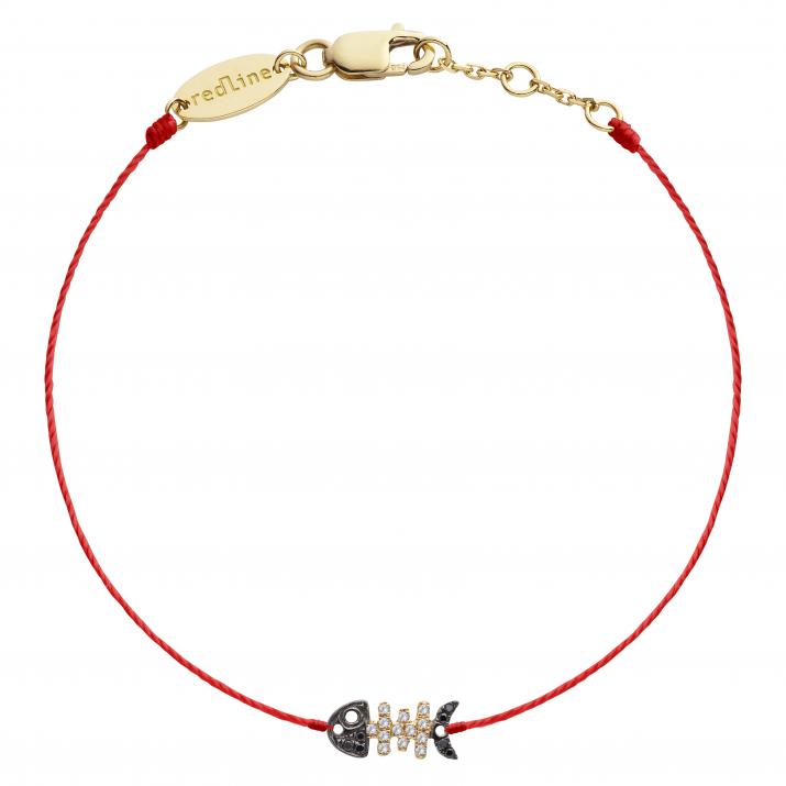 String bracelet with fish pave black and white diamonds in yellow gold - Redline - 0++