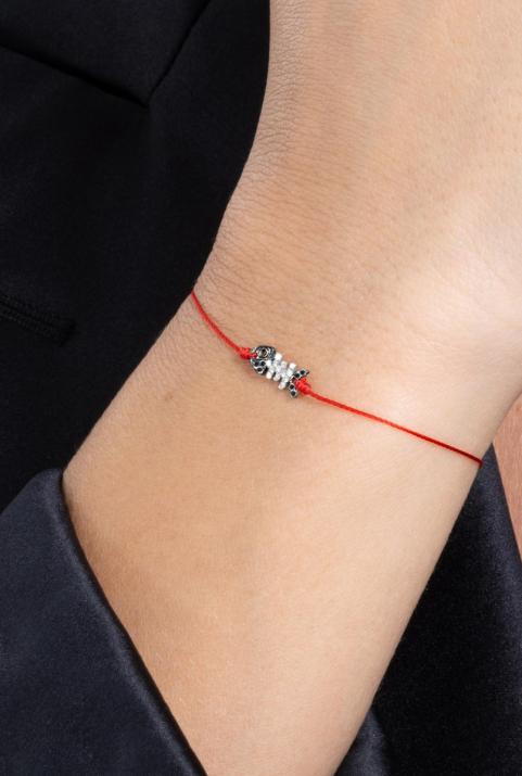 String bracelet with fish pave black and white diamonds in white gold - Redline - 0++