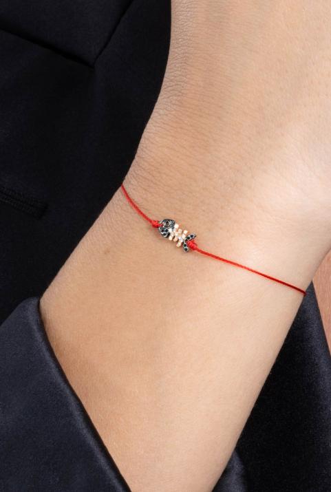 String bracelet with fish pave black and white diamonds in rose gold - Redline - 0++