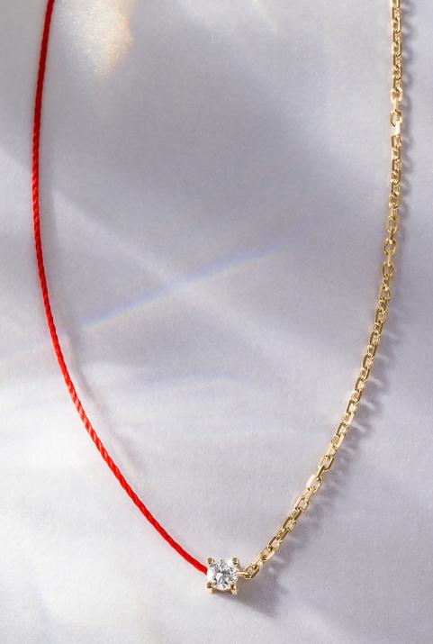 String and chain necklace with 0.08ct diamond in yellow gold prong setting - Redline - 0++