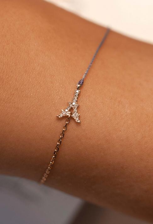 String and chain bracelet with diamond-paved Eiffel Tower in rose gold - Redline - 0++