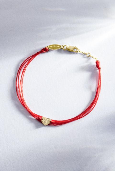 Embroidered string bracelet with diamond-paved heart in yellow gold - Redline - 0++