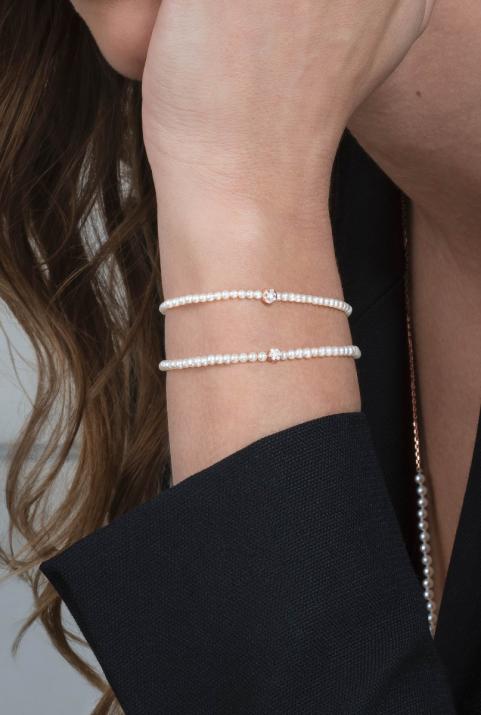 String bracelet with small freshwater pearls and 0.1ct diamond in rose gold bezel setting - Redline - 0++