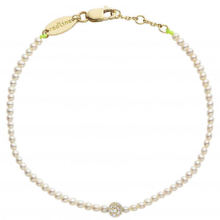 String bracelet with small freshwater pearls and a golden ball of encrusted 0.19ct diamonds in yellow gold bezel setting - Redline - 0++