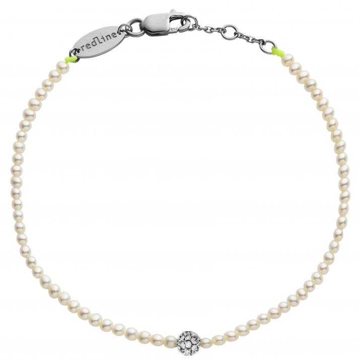 String bracelet with small freshwater pearls and a golden ball of encrusted 0.19ct diamonds in black gold bezel setting - Redline - 0++