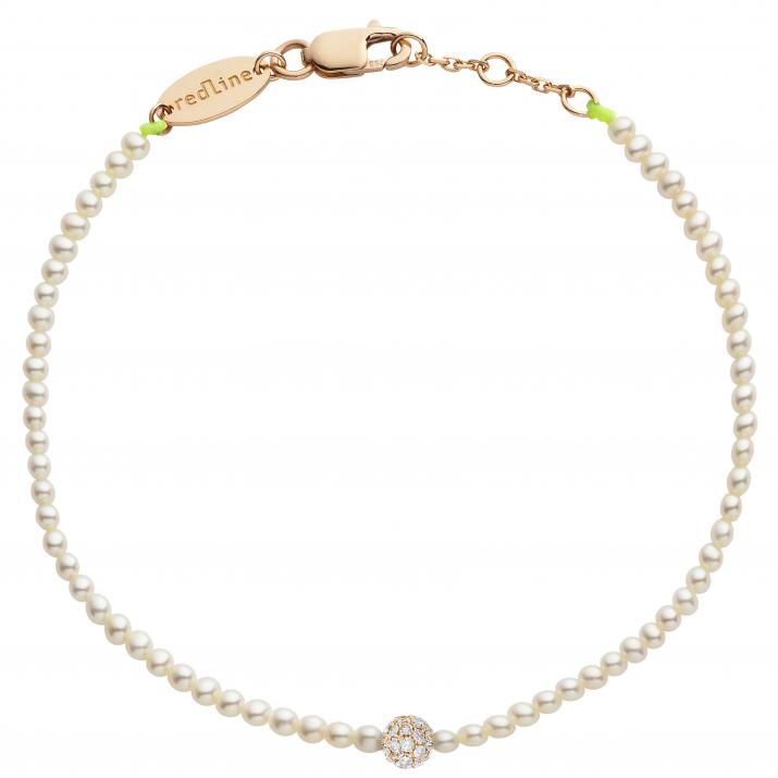String bracelet with small freshwater pearls and a golden ball of encrusted 0.19ct diamonds in rose gold bezel setting - Redline - 0++