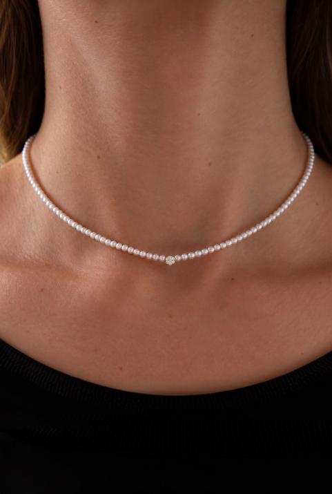 Diamonds and pearls necklace in yellow gold prong setting - Redline - 0++
