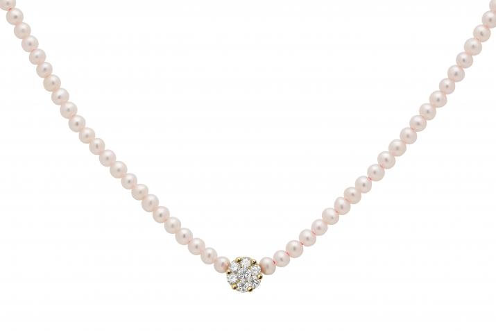 Diamonds and pearls necklace in yellow gold prong setting - Redline - 0++