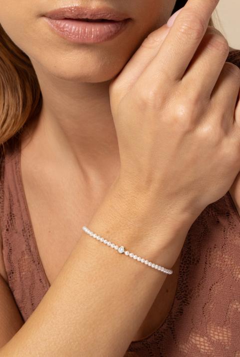 String bracelet with small freshwater pearls and 0.1ct diamond in yellow gold bezel setting - Redline - 0++