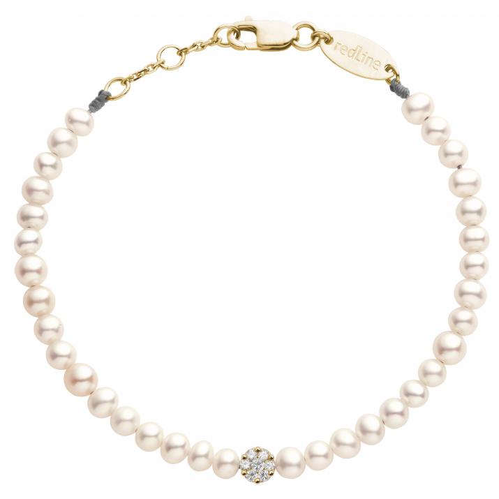 String bracelet with freshwater pearls and seven 0.1ct diamonds in yellow gold bezel setting - Redline - 0++