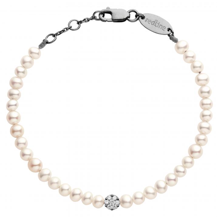 String bracelet with freshwater pearls and seven 0.1ct diamonds in black gold bezel setting - Redline - 0++
