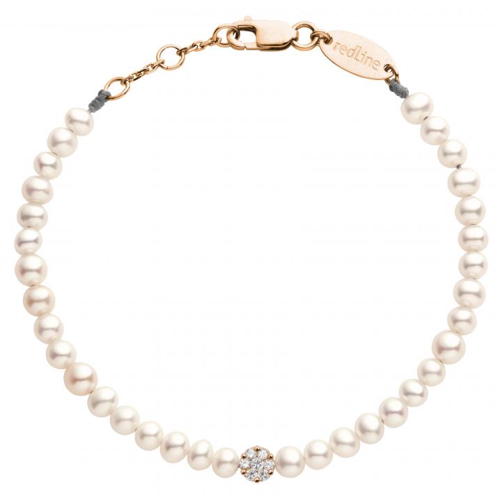 String bracelet with freshwater pearls and seven 0.1ct diamonds in rose gold bezel setting - Redline - 0++