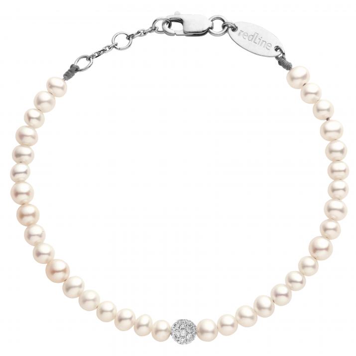 String bracelet with freshwater pearls and a golden ball of encrusted 0.19ct diamonds in white gold bezel setting - Redline - 0++