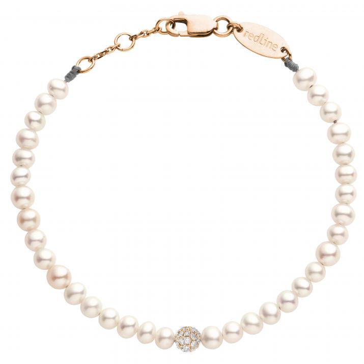 String bracelet with freshwater pearls and a golden ball of encrusted 0.19ct diamonds in rose gold bezel setting - Redline - 0++