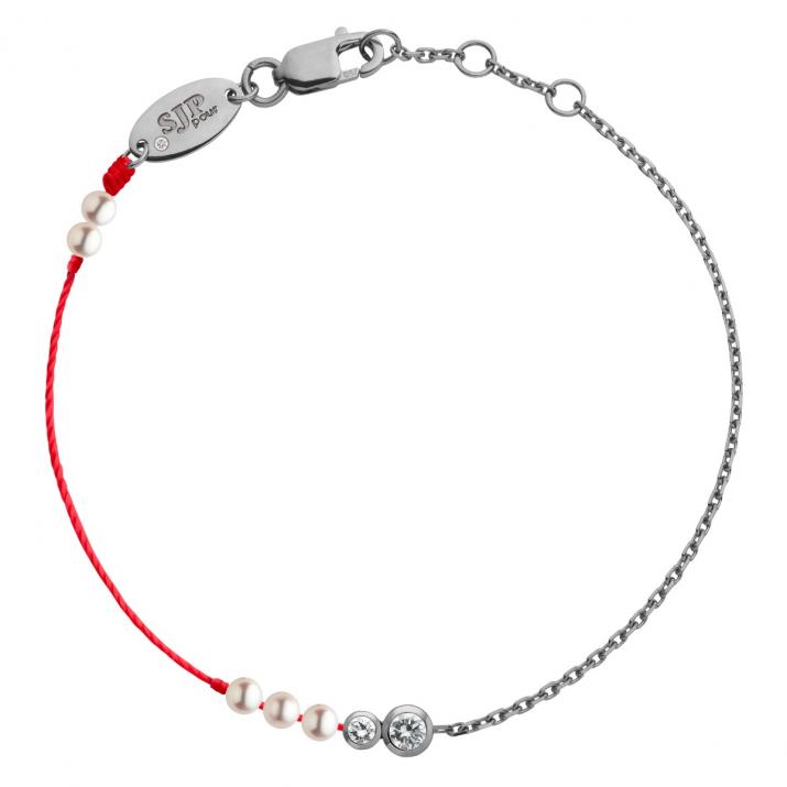 String-Chain Bracelet For Women with 0.155ct Round Diamond Pearl in Black Gold Bezel Setting - Redline - 0++
