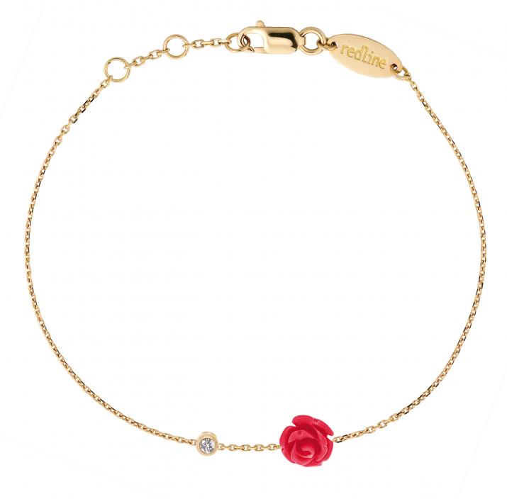 Chain bracelet with 0.05ct diamond and flower in yellow gold bezel setting - Redline - 0++