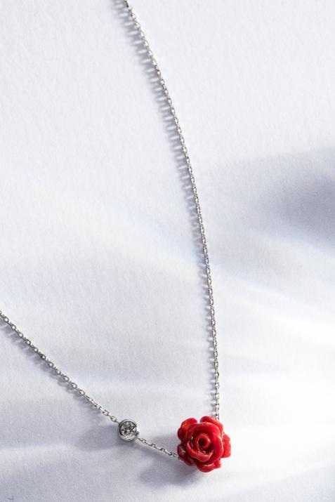 Chain necklace with 0.05ct diamond and flower in white gold bezel setting - Redline - 0++